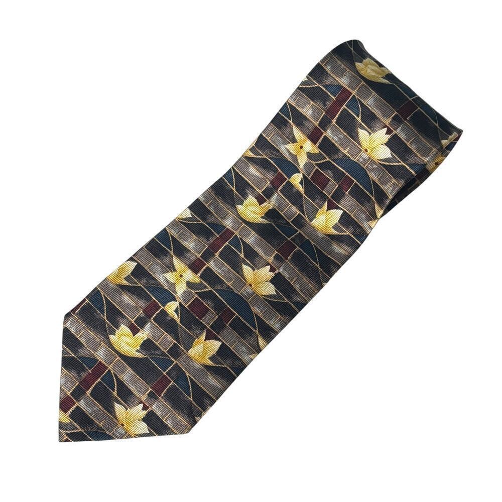 Consenso Uomo Hand Sewn Silk Tie Gray Maroon Stripe Yellow Flowers